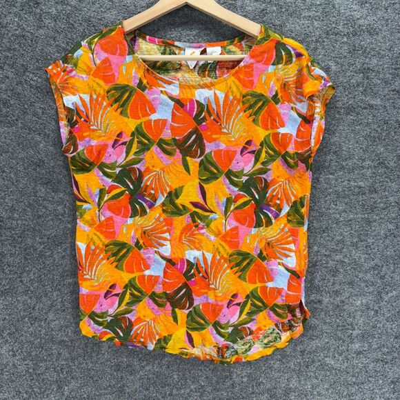 C&C California Blouse Women L Large Orange Floral Short Sleeve Linen Casual - Picture 1 of 9
